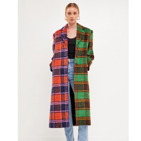 Women's Colorblock Plaid Trench Coat - Picture 3 of 6